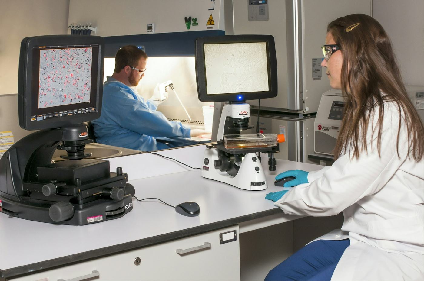 Researchers working with laboratory instruments